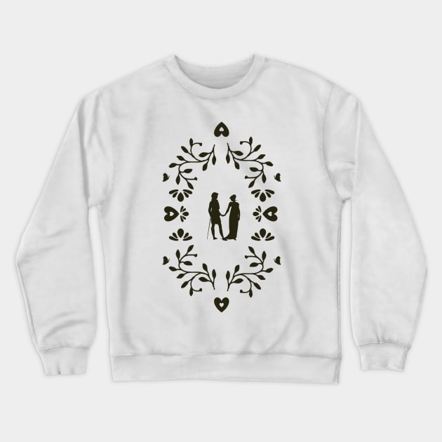 Pride and Prejudice Silhouette of Mr. Darcy and Elizabeth Bennet from Writer Jane Austen in a Folk Art Botanical Frame With Romantic Hearts and Butterflies Black and White Victorian Frame Crewneck Sweatshirt by penandbea